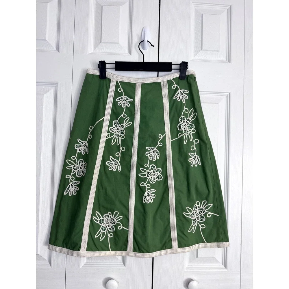 IPSA Anthropologie Floral Embroidered A-Line Skirt Women 4 Green 100% Cotton Y2K